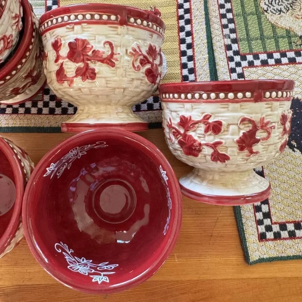 Temptations Red Floral Lace Basketweave Old World Design Stoneware 6pcs